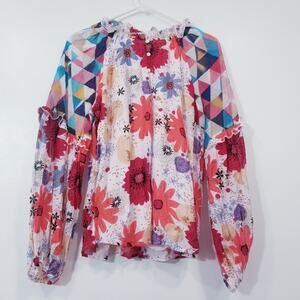 Fate Ruffle Floral and Geometric Patterned Women's Small Blouse High Neck L/S